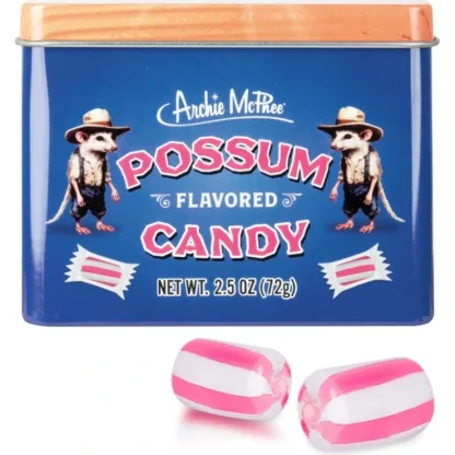 Hot POSSUM Flavored Candy - Gross! Funny! Cool Retro Tin Gift Box - Archie McPhee - Miniature Marvels: Airplane Models & Painted Dice Egpull